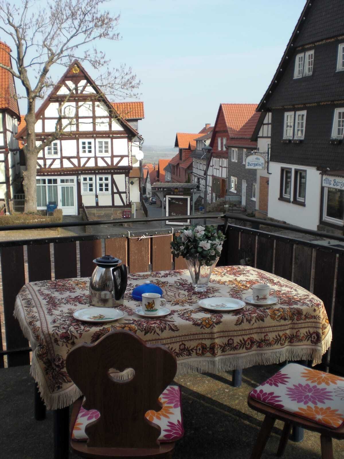 Uitzicht vanaf het terras op de garage (voorzijde)